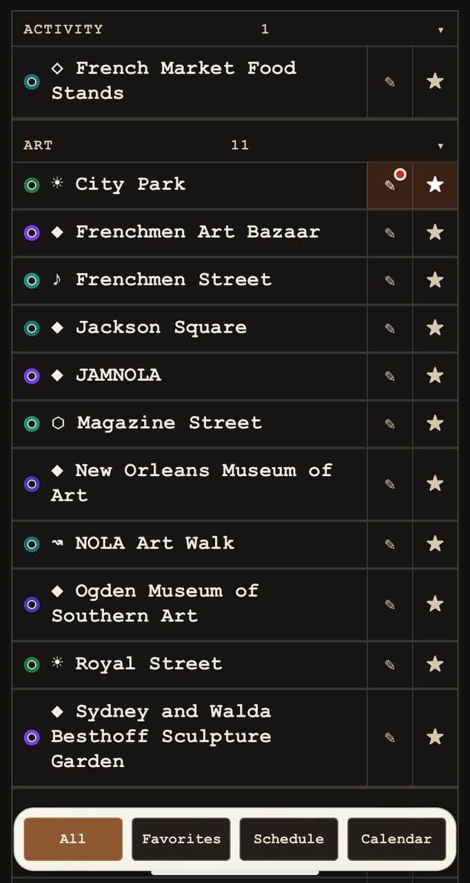 Mobile list of recommended places by category
