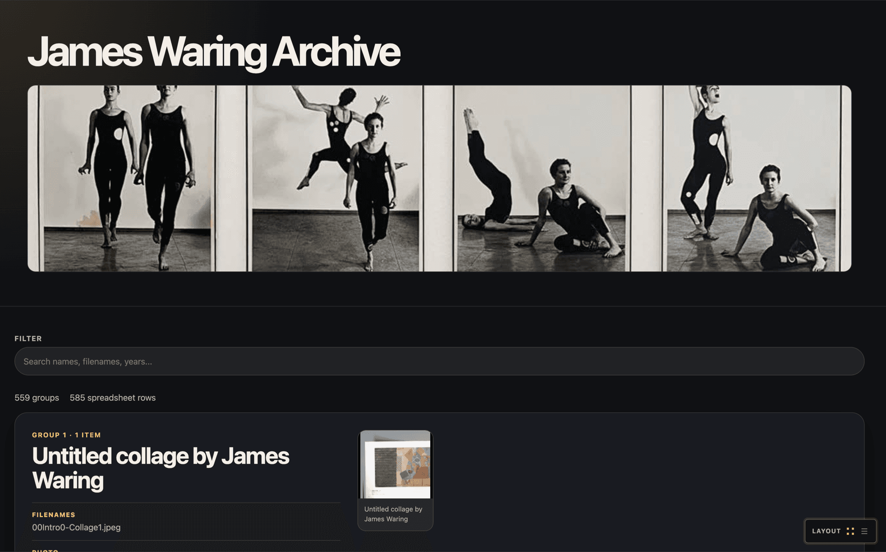 Archive viewer list of catalog entries with scanned images